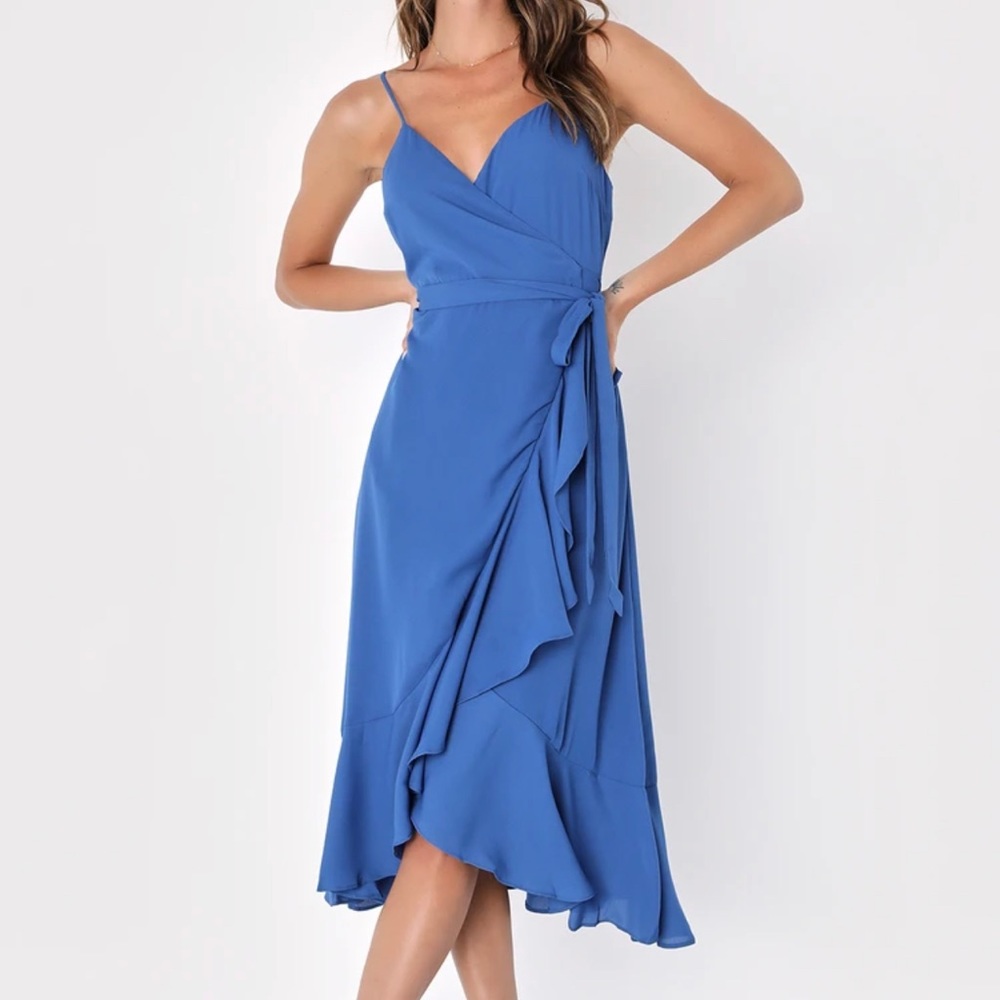 Lulu’s blue ruffle midi wrap dress